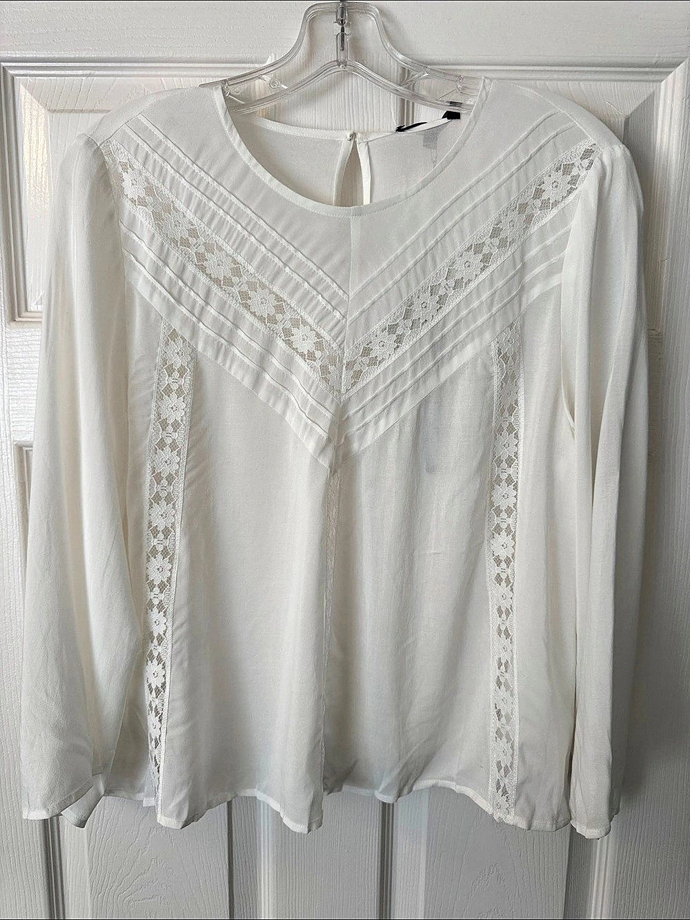 Michael Stars DRM03 Lace Panel Long Sleeve Blouse in White Size Large NWT